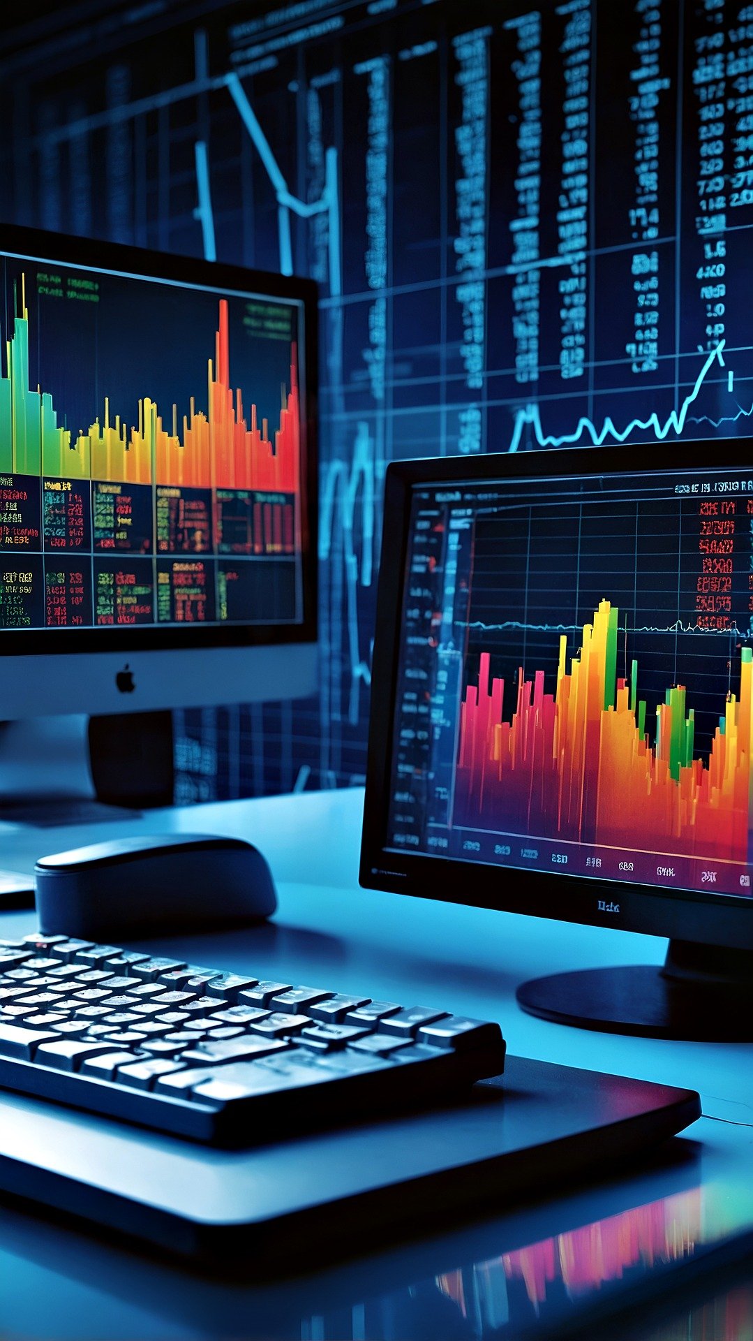 Dual monitors showing stock market graphs and a keyboard positioned on a modern desk, representing a trading environment.